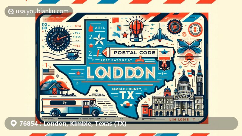 Modern illustration of London, Kimble County, Texas (TX), featuring iconic symbols and postal theme with vintage stamp and airmail border, highlighting Kimble County's location in Texas.