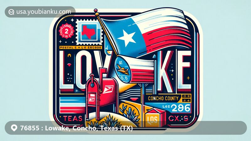 Modern illustration of Lowake, Concho County, Texas, featuring a vibrant airmail envelope with Texas state flag, Concho County outline, and iconic local imagery, integrated with postal elements like vintage stamp, ZIP code, cancellation mark, and red mailbox.