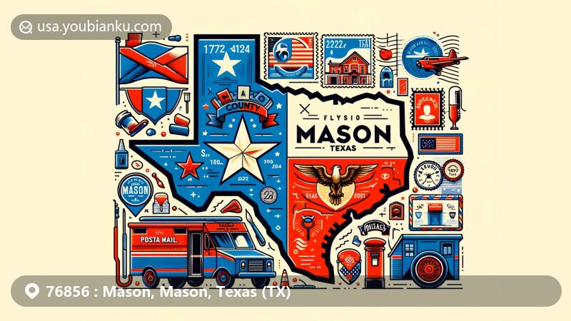Modern illustration of Mason County, Texas, with Texas flag and local symbols, postal elements like airmail envelope, stamps, mailbox, and postal van.