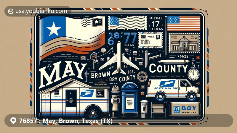 Modern illustration of May, Brown County, Texas (TX), resembling a postcard or air mail envelope with Texas state flag, Brown County outline, ZIP Code 76857, vintage postage stamp, postmark, classic mailbox, postal van, and cultural symbol from May, Texas.