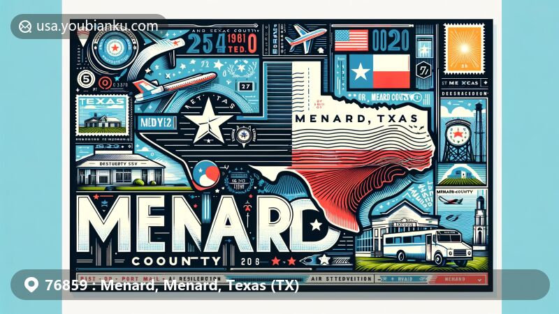Modern illustration of Menard County, Texas, in the form of a postcard or air mail envelope, featuring iconic Texas elements like the state flag and Menard County outline, with stamps, a postmark, and prominent display of the ZIP code.