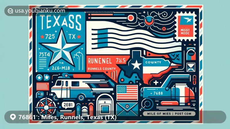 Contemporary illustration representing postal theme of Miles, Runnels, Texas (TX) with Texas flag, Runnels County outline, USPS symbols, and ZIP Code 76861, ideal for webpage.