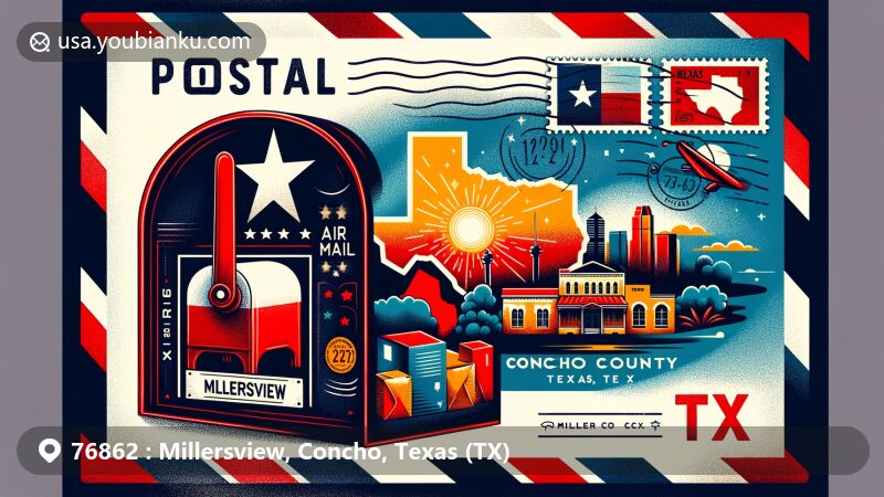 Modern illustration of Millersview, Concho County, Texas (TX), resembling an air mail envelope with vibrant depictions of local elements and postal symbols.