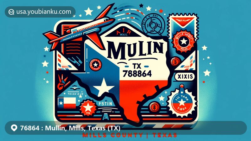 Creative illustration of Mullin, Mills County, Texas (TX) 76864, featuring air mail envelope with 'Mullin, TX 76864' text, Texas silhouette, state flag, and local landmarks. Bright and colorful, perfect for postal theme.