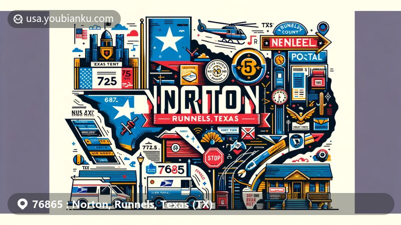 Modern illustration of Norton, Runnels County, Texas, showcasing postal theme with ZIP code 76865, featuring local landmarks and iconic symbols, including Texas state flag, mailbox, and postal van.