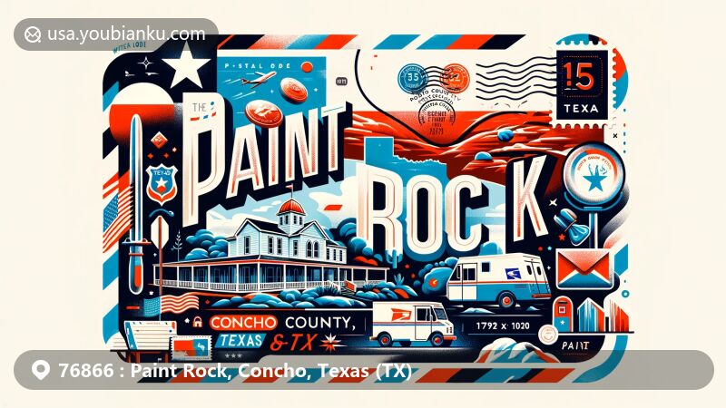 Modern illustration of Paint Rock, Concho County, Texas, showcasing postal theme with ZIP code, Texas state flag, Concho County outline, and cultural symbols, featuring postal elements like stamps, postmark, mailbox, and van.