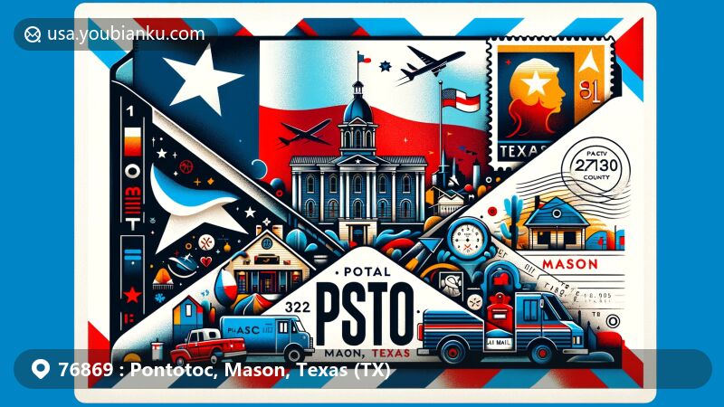 Modern illustration of Pontotoc, Mason County, Texas, showcasing air mail theme with Texas state flag and Mason County silhouette, featuring local landmarks and postal elements.