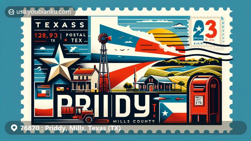 Modern illustration of Priddy, Mills County, Texas, showcasing postal theme with ZIP code, featuring Texas state flag, Mills County outline, picturesque landscape, vintage postal stamp with 'Priddy, TX' and ZIP Code, postmark, and red mailbox.