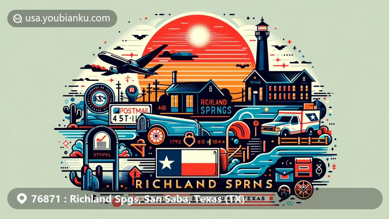 Modern illustration of Richland Springs, San Saba County, Texas, showcasing postal theme with ZIP code, featuring postcard, postage stamp, postmark, mailbox, postal vehicle, and Texas state symbols.