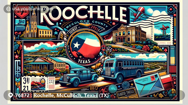 Modern illustration of Rochelle, McCulloch County, Texas, featuring famous landmarks and local culture in a creative postcard design with postal elements and ZIP code display.