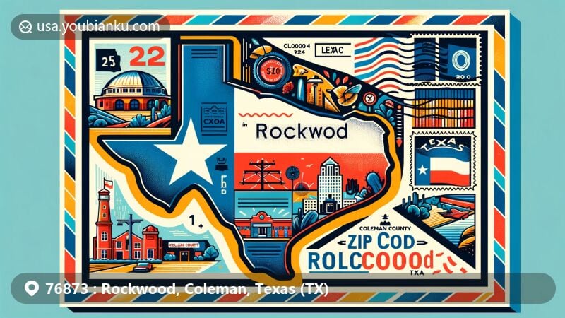 Colorful illustration of Rockwood, Coleman County, Texas, with stylized postcard design featuring Texas state flag, Coleman County outline, key landmarks, and postal elements, showcasing ZIP code theme.