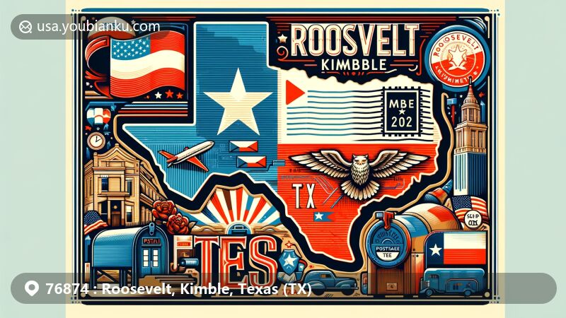 Modern illustration of Roosevelt, Kimble, Texas, with vintage airmail envelope displaying ZIP code, postmark, and American mailbox, set against backdrop of Texas flag, county outline, and local icons.