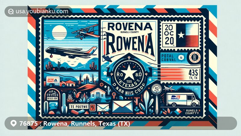 Contemporary illustration of Rowena, Runnels County, Texas, resembling an air mail envelope with Texas state flag stamp, postmark displaying ZIP code, and local landmarks. Includes Texas state silhouette and postal-themed elements.