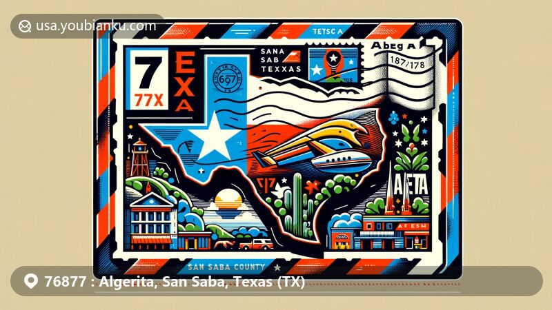 Modern illustration of Algerita, San Saba, Texas, showcasing postal theme with ZIP code 76877, featuring Texas state flag and San Saba County outline.