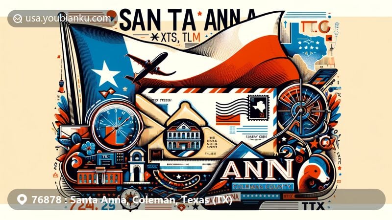 Modern illustration of Santa Anna, Coleman County, Texas, showcasing postal theme with ZIP code 76878, featuring Texas state flag, vintage airmail envelope, Texas longhorn stamp, and local landmarks.