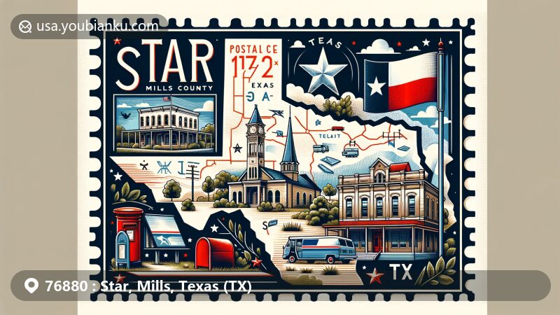 Modern illustration of Star, Mills County, Texas, depicting postal theme with Texas state flag, vintage postcard design, local landmarks, and postal elements like postage stamp with 'Star, TX'.