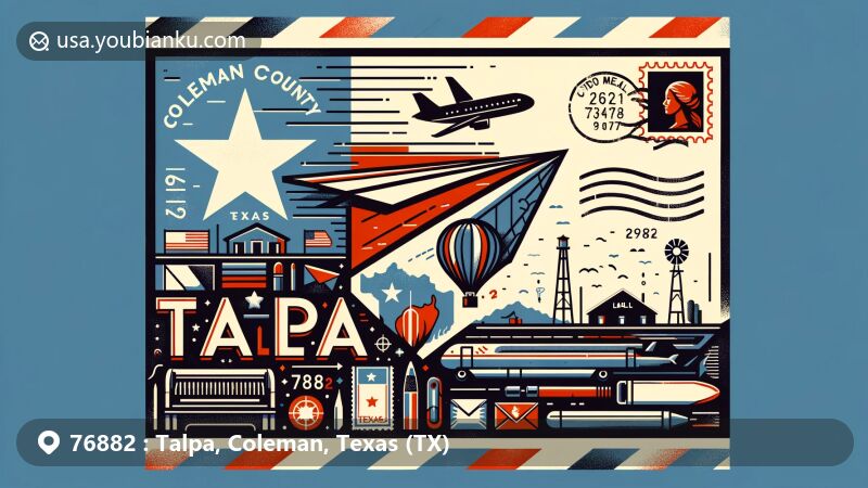 Modern illustration of Talpa, Coleman County, Texas, resembling an air mail envelope with Texas state flag, county silhouette, and Talpa symbols, showcasing ZIP code 76882 and postal elements.
