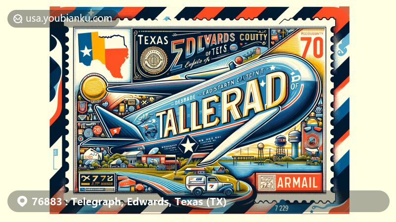 Modern illustration of Telegraph, Edwards County, Texas, showcasing postal theme with ZIP code 76883, featuring Texas state flag and local landmarks.