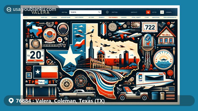 Modern illustration of Valera, Coleman County, Texas, featuring iconic Texas symbols and postal elements, with a blend of local landmarks and cultural elements.