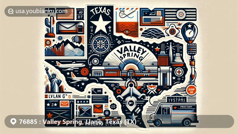 Modern illustration of Valley Spring, Llano County, Texas, featuring iconic Texas symbols and postal theme, with subtle incorporation of county shape. Balanced composition highlighting regional and postal elements.