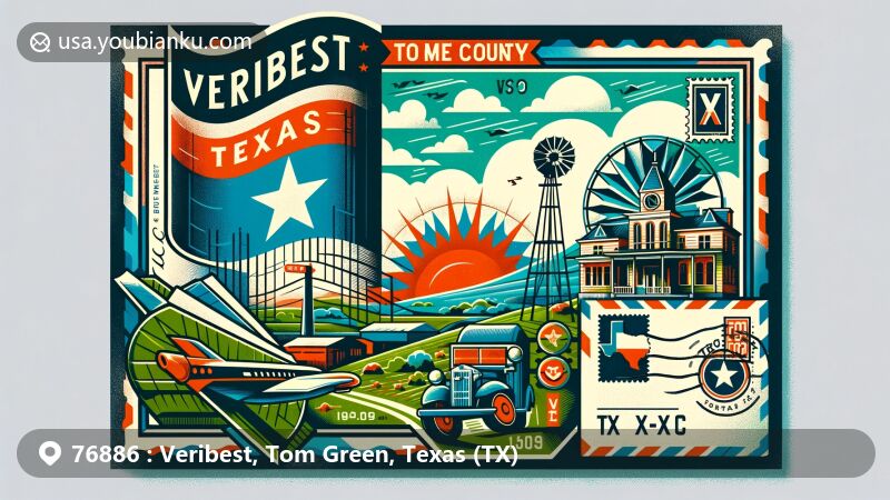 Vintage-style postcard illustration of Veribest, Tom Green County, Texas, showcasing Texas symbols like the state flag and a classic airmail envelope with a postal stamp featuring the Texas state outline and 'TX' abbreviation.