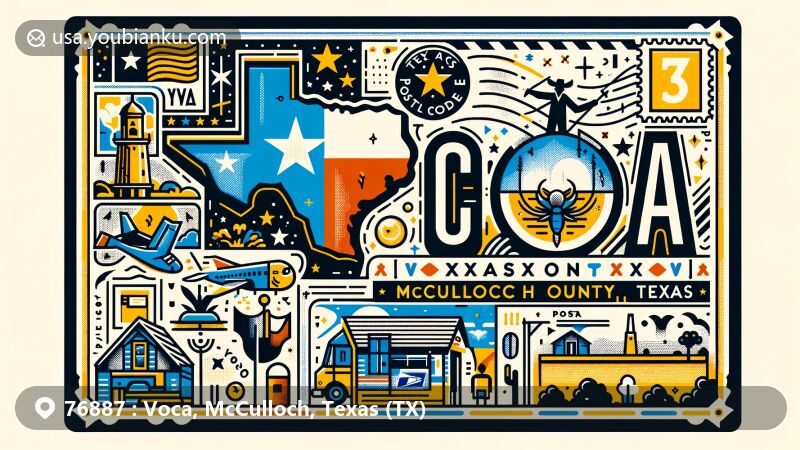 Contemporary illustration of Voca, McCulloch County, Texas, portraying postal theme with Texas state flag, county outline, and local landmark, including postal elements like stamp, postmark with ZIP Code, mailbox, and postal van.