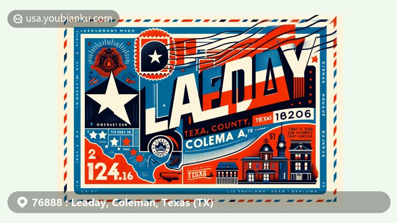 Modern illustration of Leaday, Coleman County, Texas, capturing postal theme with Texas state flag, Coleman County silhouette, vintage post stamp, postmark, and ZIP code, in a vibrant and clear design.