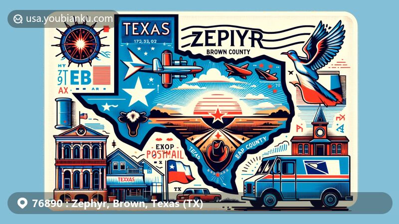 Modern illustration of Zephyr, Brown County, Texas, resembling a postcard or airmail envelope, featuring Texas state flag, cowboy hat, boots, postal elements like vintage postage stamp, postmark with ZIP code, mailbox, and postal truck.