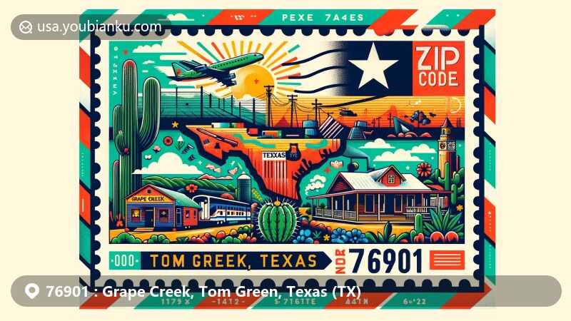 Contemporary interpretation of Grape Creek, Tom Green County, Texas (TX), in ZIP Code 76901, combining Texas state flag, local landmarks, and postal elements, suitable for web use.