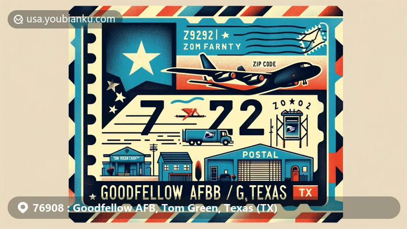 Modern illustration of Goodfellow AFB, Tom Green County, Texas, featuring Texas state flag, local landmarks, and postal theme with airmail envelope design.