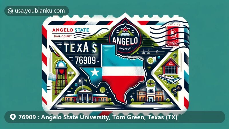Contemporary illustration for Angelo State University in Tom Green County, Texas, highlighting the postal theme with ZIP Code 76909, including the Texas state flag, an outline of Tom Green County, and a significant landmark or cultural symbol of the university.
