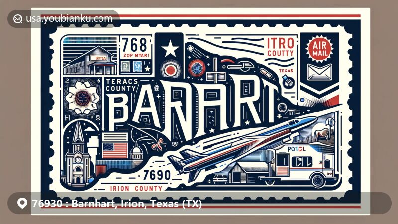 Modern illustration of Barnhart, Irion County, Texas, showcasing postal theme with ZIP code 76930, featuring Texas state flag, Irion County map, and local cultural symbols.
