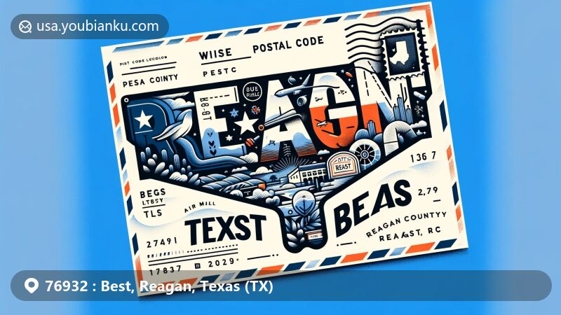 Creative illustration of Best, Reagan, Texas (TX) postal code webpage, showcasing Texas elements like the state flag, and cultural highlights of Reagan County and Best, alongside postal theme with postmark, stamps, and ZIP code.