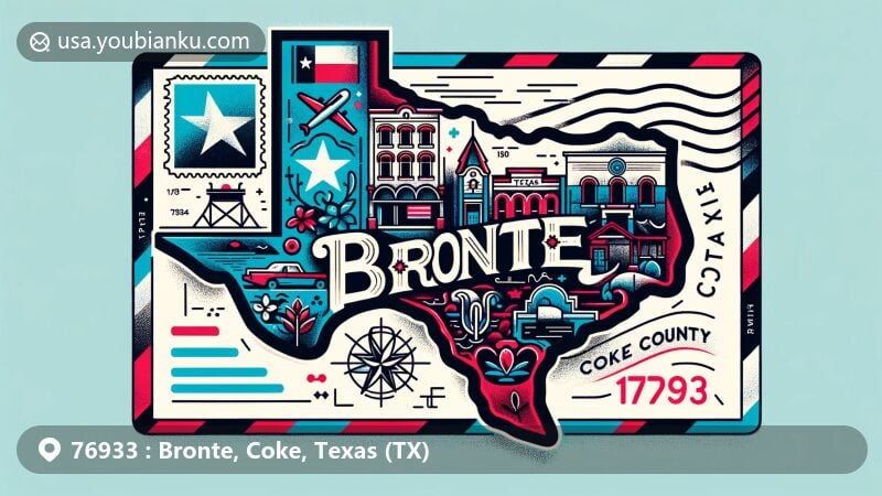 Modern illustration of Bronte, Coke County, Texas, combining postal and regional elements with the Texas state flag, Coke County outline, and iconic Bronte landmarks, featuring postal elements like a stamp, postmark, and ZIP Code 76933.