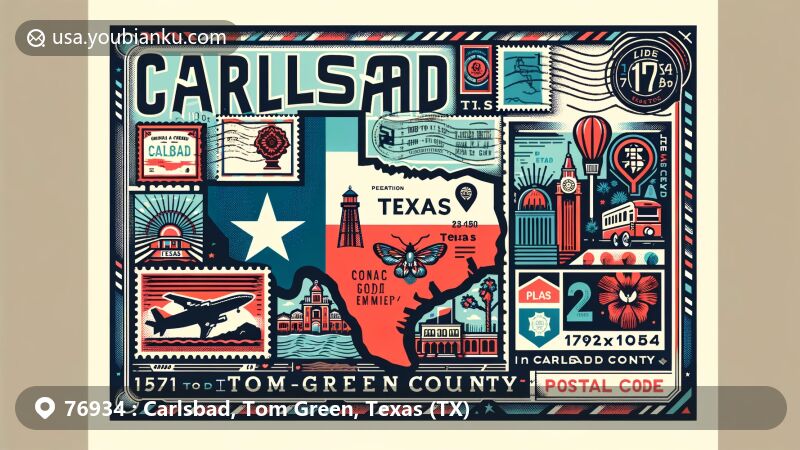 Modern illustration of Carlsbad, Tom Green County, Texas, with vintage postcard displaying Texas state flag, state map silhouette, Carlsbad landmarks, and postal elements like postage stamp, postmark, and ZIP Code.