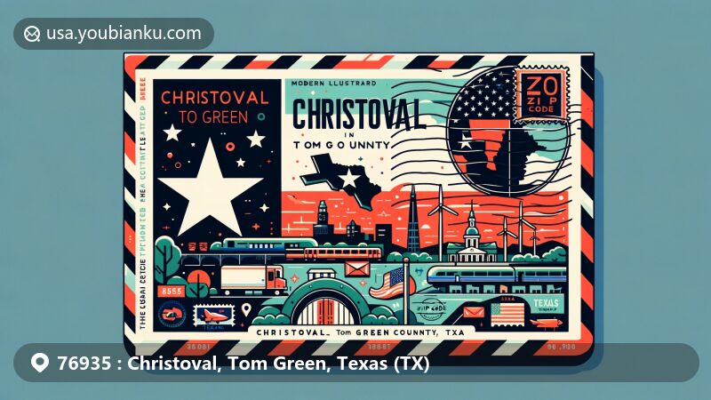 Contemporary postal illustration of Christoval, Tom Green County, Texas, featuring state flag, county outline, and local landmarks, designed in postcard style.