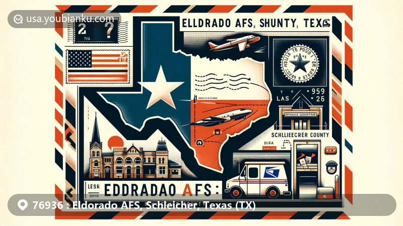 Modern illustration of Eldorado AFS, Schleicher County, Texas, resembling an air mail envelope or postcard with Texas state flag, Schleicher County map outline, postal elements, and local symbols.