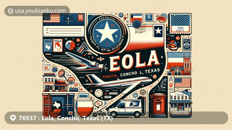 Modern illustration of Eola, Concho, Texas, blending postal and regional features in a wide format design of 1792x1024 pixels, showcasing postal elements like postcard, airmail envelope, stamps, postmarks, ZIP Code, mailbox, and mail vehicle.