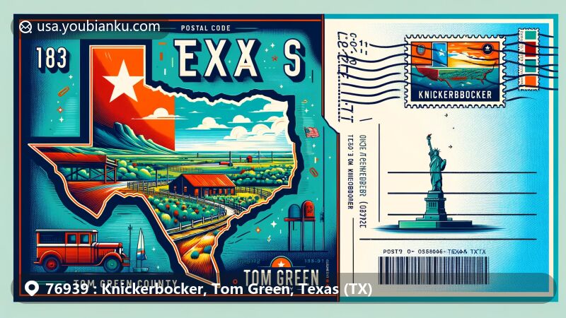 Modern illustration of Knickerbocker, Tom Green County, Texas, showcasing postal theme with ZIP code, blending Texas state flag and Tom Green County map, featuring iconic Knickerbocker landmark in vibrant contemporary style.