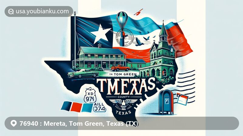 Creative illustration representing Mereta, Tom Green County, Texas, with airmail envelope design incorporating Texas state flag backdrop. Detailed outline of the county and iconic local landmark in foreground, along with vintage postal elements like ZIP code '76940', postmark, and red mailbox.