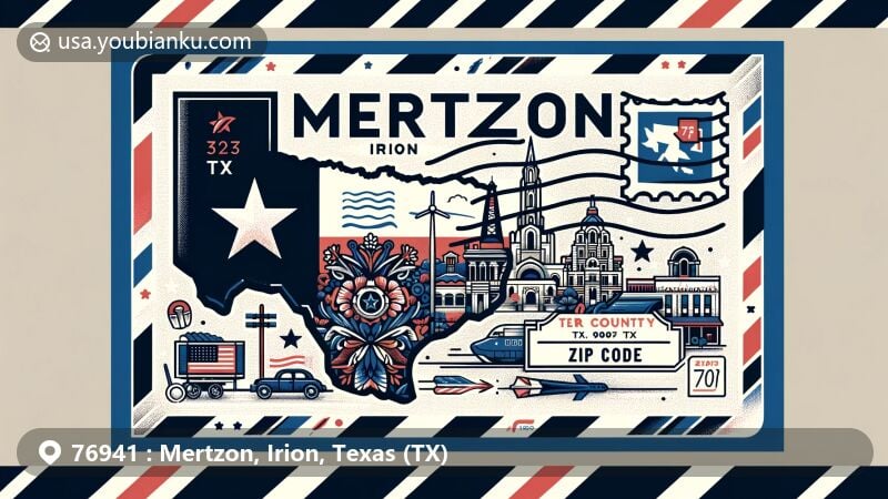 Modern illustration of Mertzon, Irion County, Texas, depicting a postcard or airmail envelope design with Texas state flag, Irion County outline, and local landmarks. Includes postal elements like a stamp, postmark, and 'ZIP Code' text.