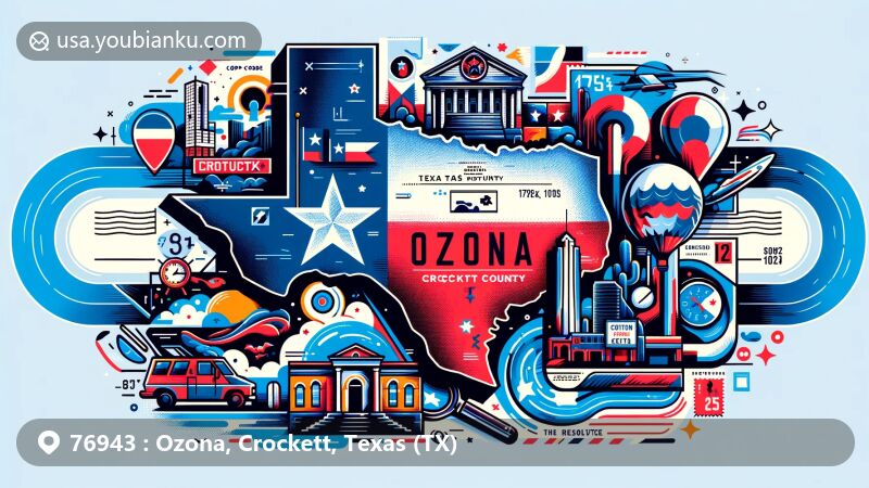 Modern illustration of Ozona, Crockett County, Texas, incorporating Texas state flag, county outline, and iconic landmarks, with postal elements like postcard shape, stamps, postmark, and ZIP Code 76943.