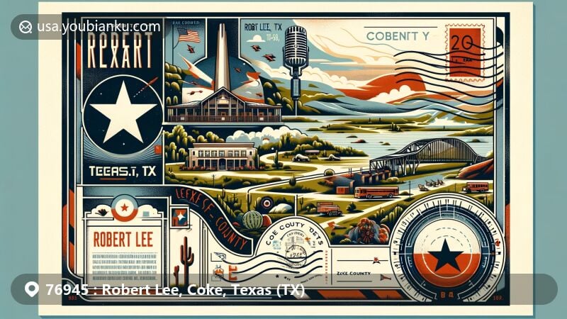 Modern illustration of Robert Lee, Coke County, Texas, with vintage postcard design featuring state flag and map, highlighting key landmarks and symbols, and depicting picturesque Texas landscape.