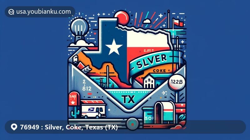Modern illustration of Silver, Coke County, Texas, highlighting postal theme with vibrant design and Texas state symbols.