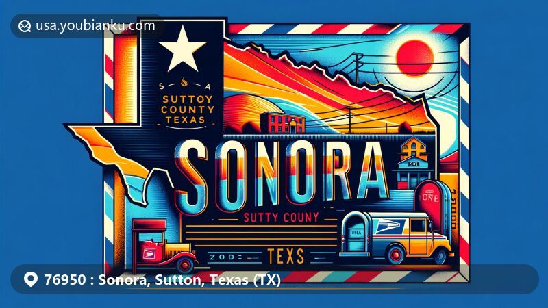 Modern illustration of Sonora, Sutton County, Texas, resembling an airmail envelope with the Texas state flag on the left and a stylized outline of Sutton County on the right, capturing the essence of the area. Includes postal elements like a vintage stamp, postmark with 'Sonora, TX', ZIP code, mailbox, and mail truck.