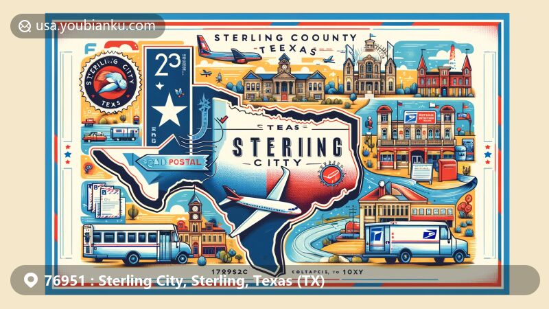 Modern illustration of Sterling City, Sterling County, Texas, with postal elements and regional symbols, featuring Texas state flag, Sterling County outline, ZIP code, and cultural landmarks.
