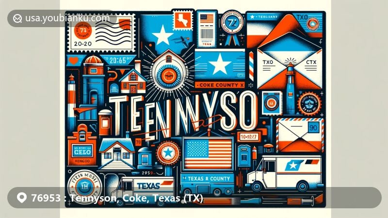 Modern illustration of Tennyson, Coke County, Texas (TX), featuring postal theme with ZIP Code label, postmarks, and mail elements, integrated with Texas state flag and local landmarks.