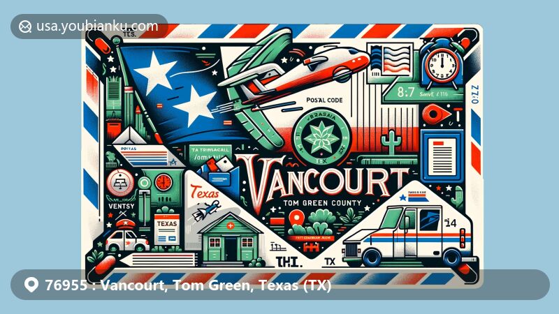 Modern illustration of Vancourt, Tom Green County, Texas, showcasing postal theme with Texas state flag and airmail envelope, featuring map outline and local landmarks.