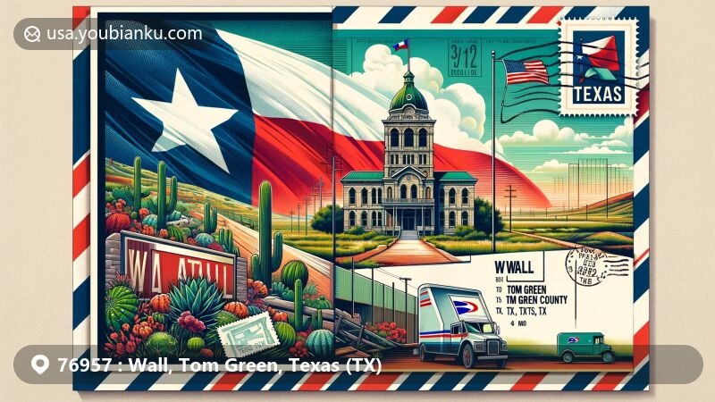 Creative illustration of Wall, Tom Green County, Texas, with Texas state flag, Tom Green County Courthouse, cacti, plains, airmail envelope design, ZIP Code for Wall, postal elements, and vintage postal truck.