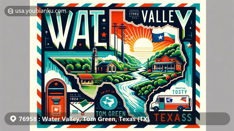Modern illustration of Water Valley in Tom Green County, Texas, showcasing regional postal culture with a map silhouette, Texas state flag, postal elements, and scenic representation.